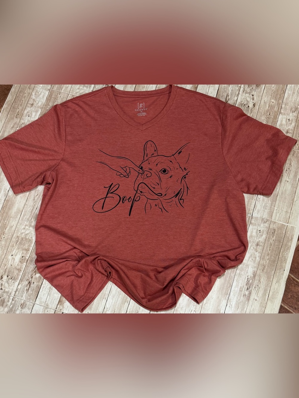 Rust ‘Boop' French Bulldog V‑Neck Tee Shirt XL
